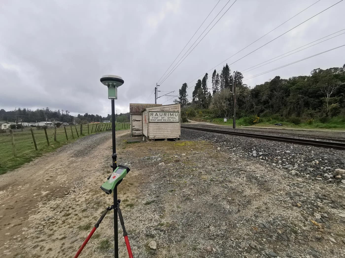 GPS survey rover set up beside the railway at Raurimu, Ruapehu district
